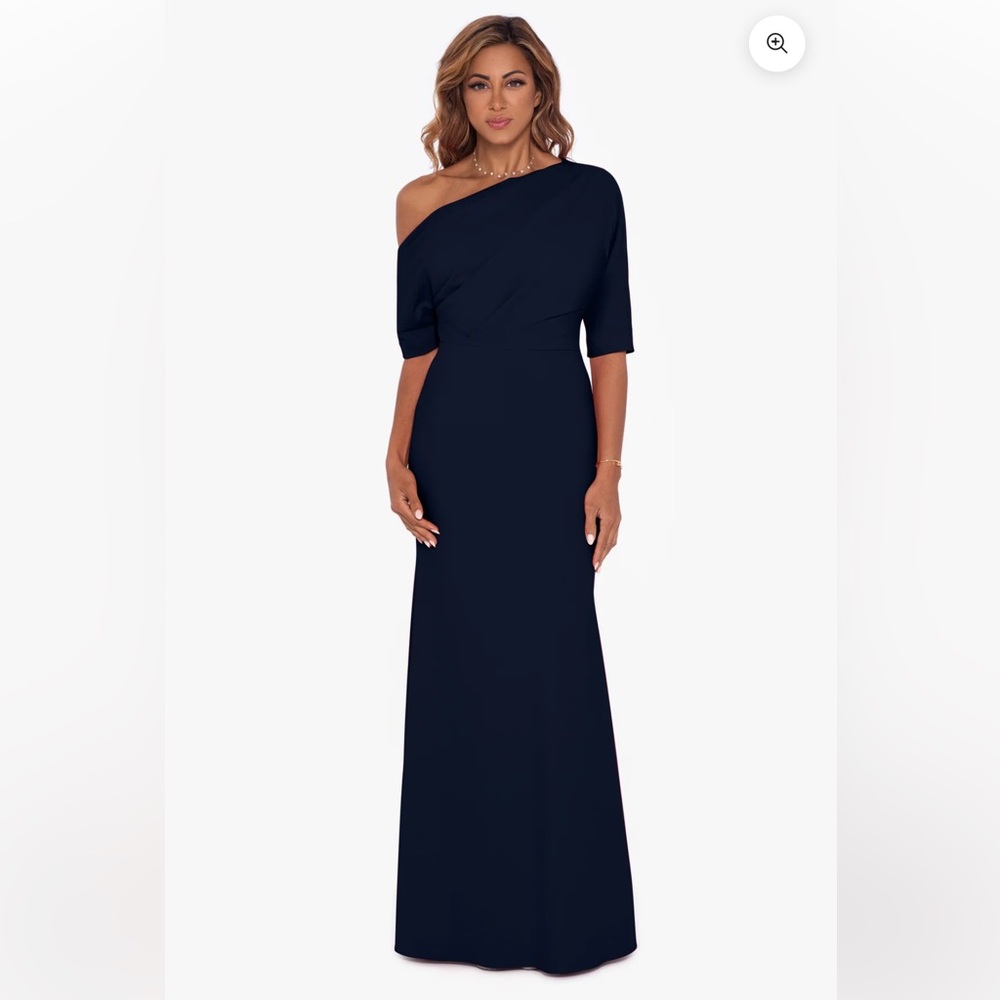 "MADELINE" LONG SCUBA CREPE OFF THE SHOULDER DROP DRESS Color: Navy Blue 16 NWOT